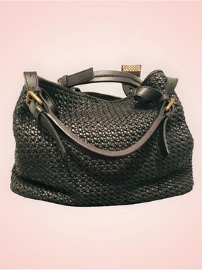 Platania Italian Leather Woven Hobo Bag in Black
